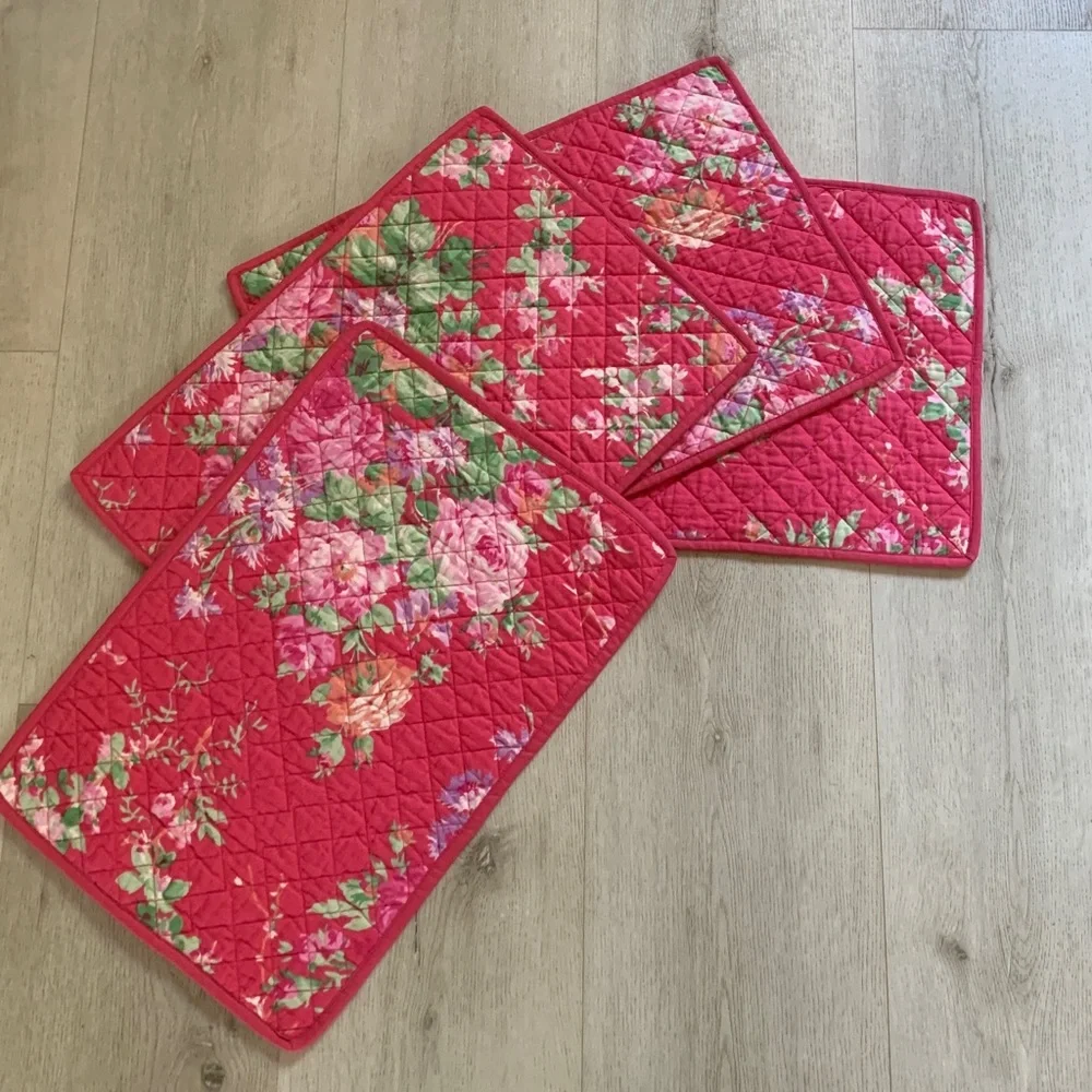April Cornell Cottage Rose Quilted Placemats Set/4 pink & Green Floral Victorian